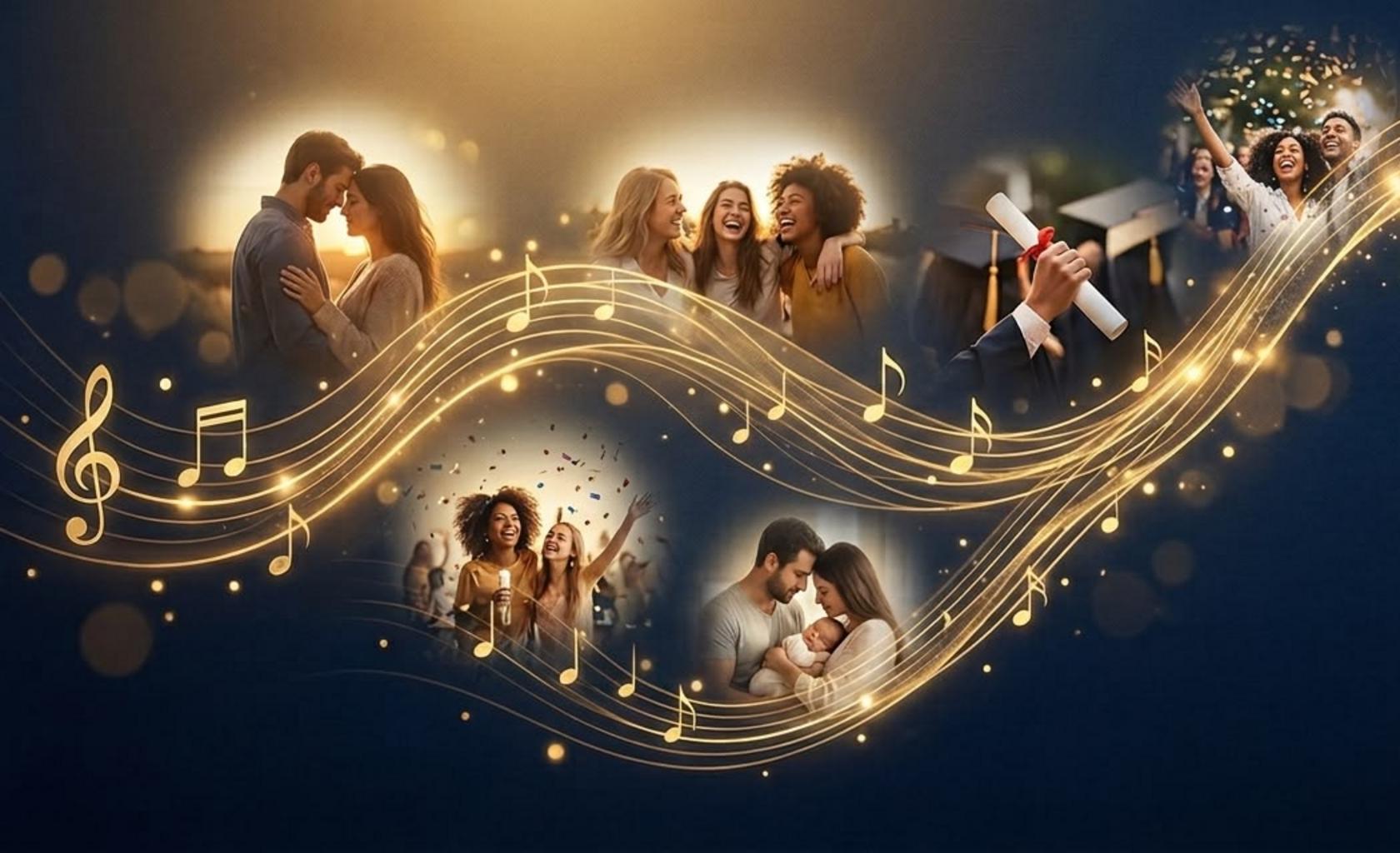 Momentos familiares conectados por una línea musical dorada